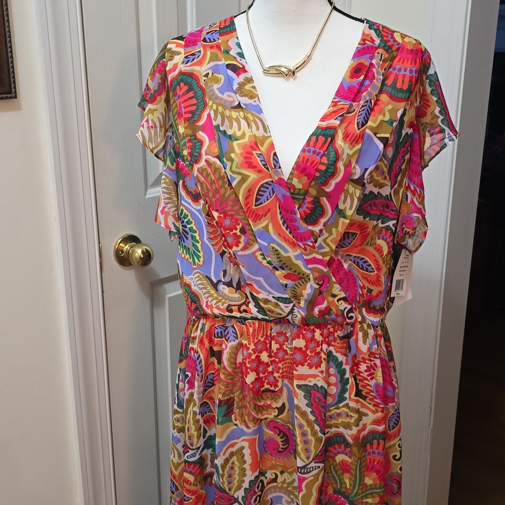 DONNA RICCO WOMENS PLUS MULTI-COLORED LINED RUFFLED SLEEVES SUMMER DRESS SIZE 14